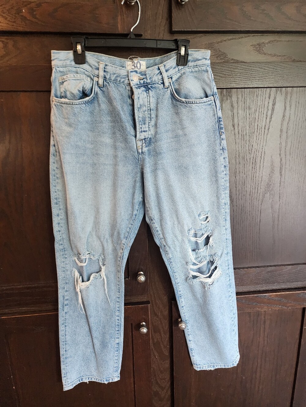 Free People Light Wash Distressed Mom Jeans - Ripped Knee Details